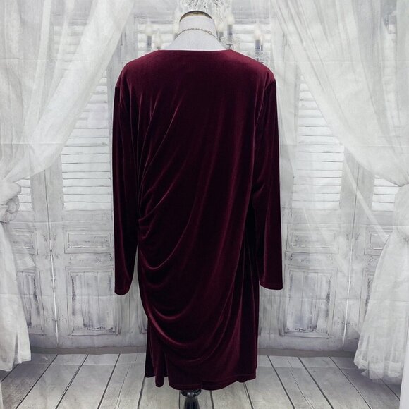 Alex Marie Plus Long Sleeve Mahogany Red Velvet Ruched Faux Wrap Dress Formal - Picture 9 of 11
